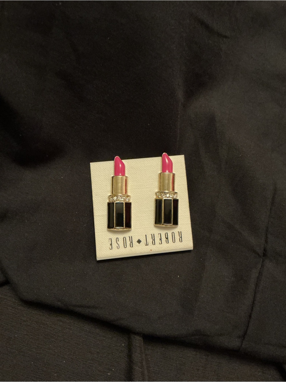Robert Rose Hot Pink Lipstick Stud Earrings with Gold & Black Details